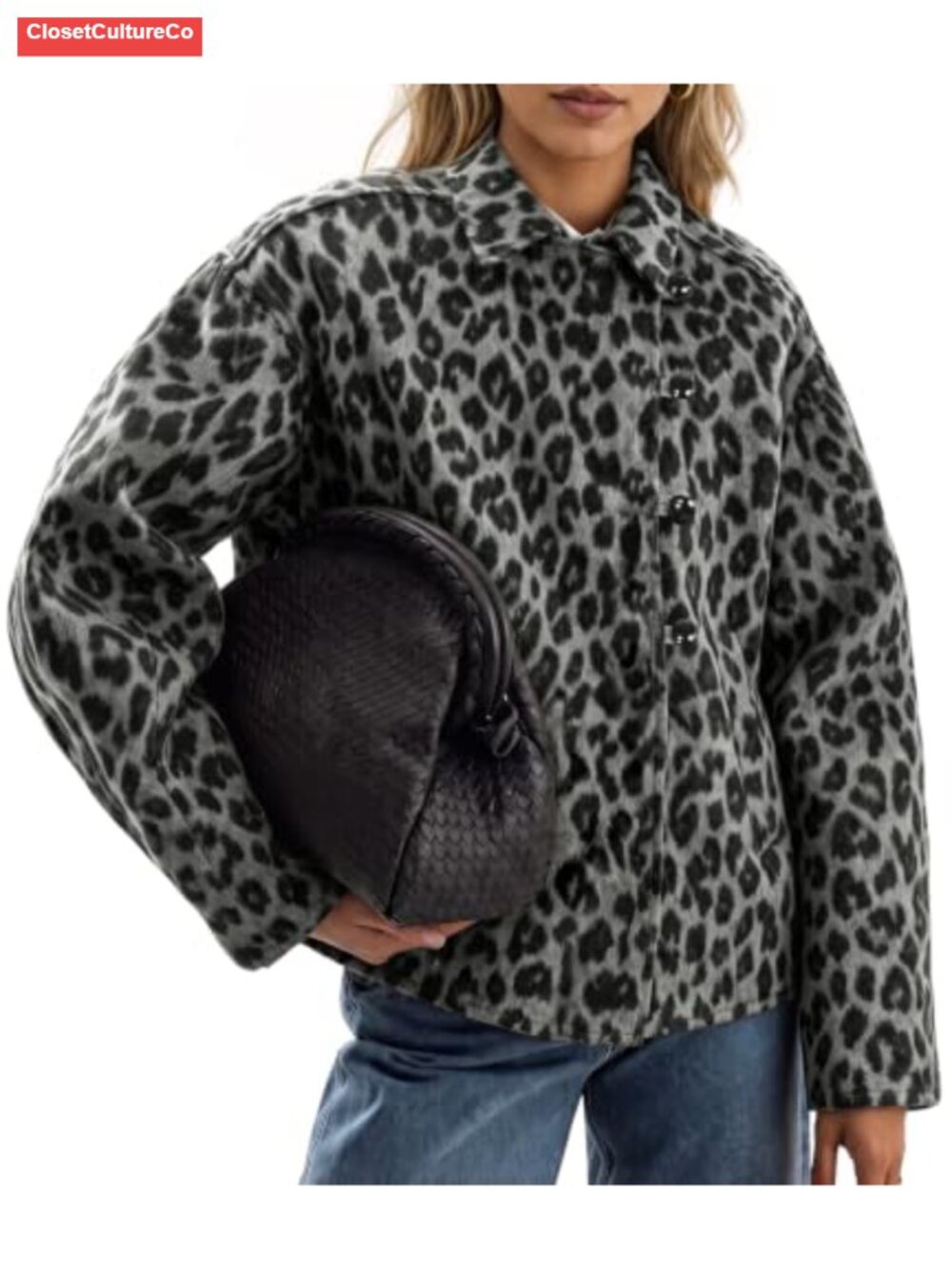 Faux Wool Leopard Print Pea Coat Button Down Collared Long Sleeve